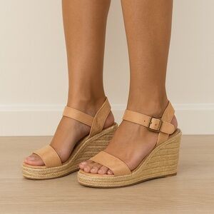 Tan Faux Suede Wedges, size 8.5, buckle sandals
